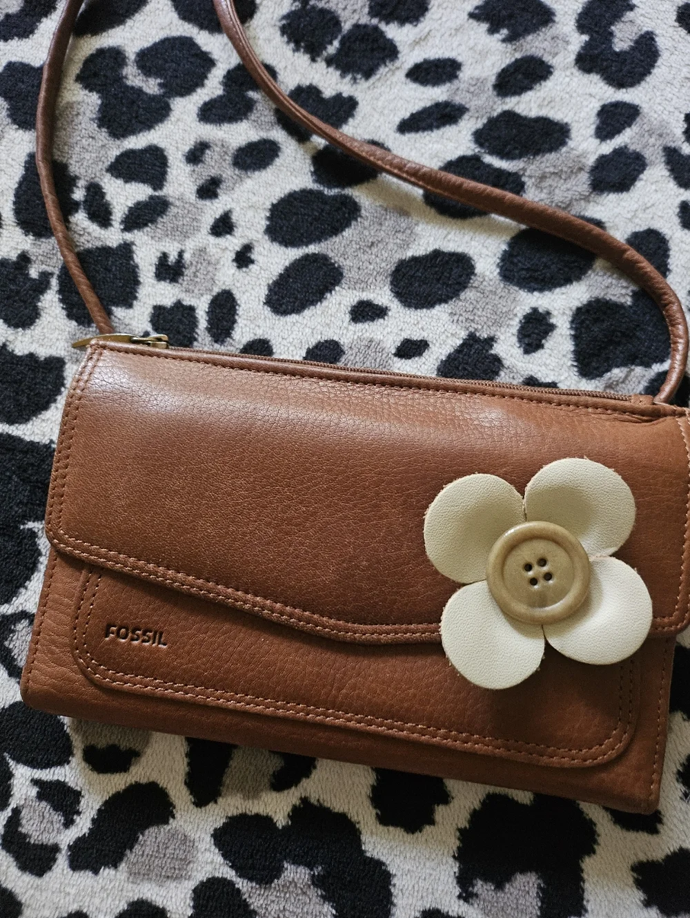Vintage Fossil Leather Tan Brown Crossbody Bag Snap Closure, Cottagecore Boho